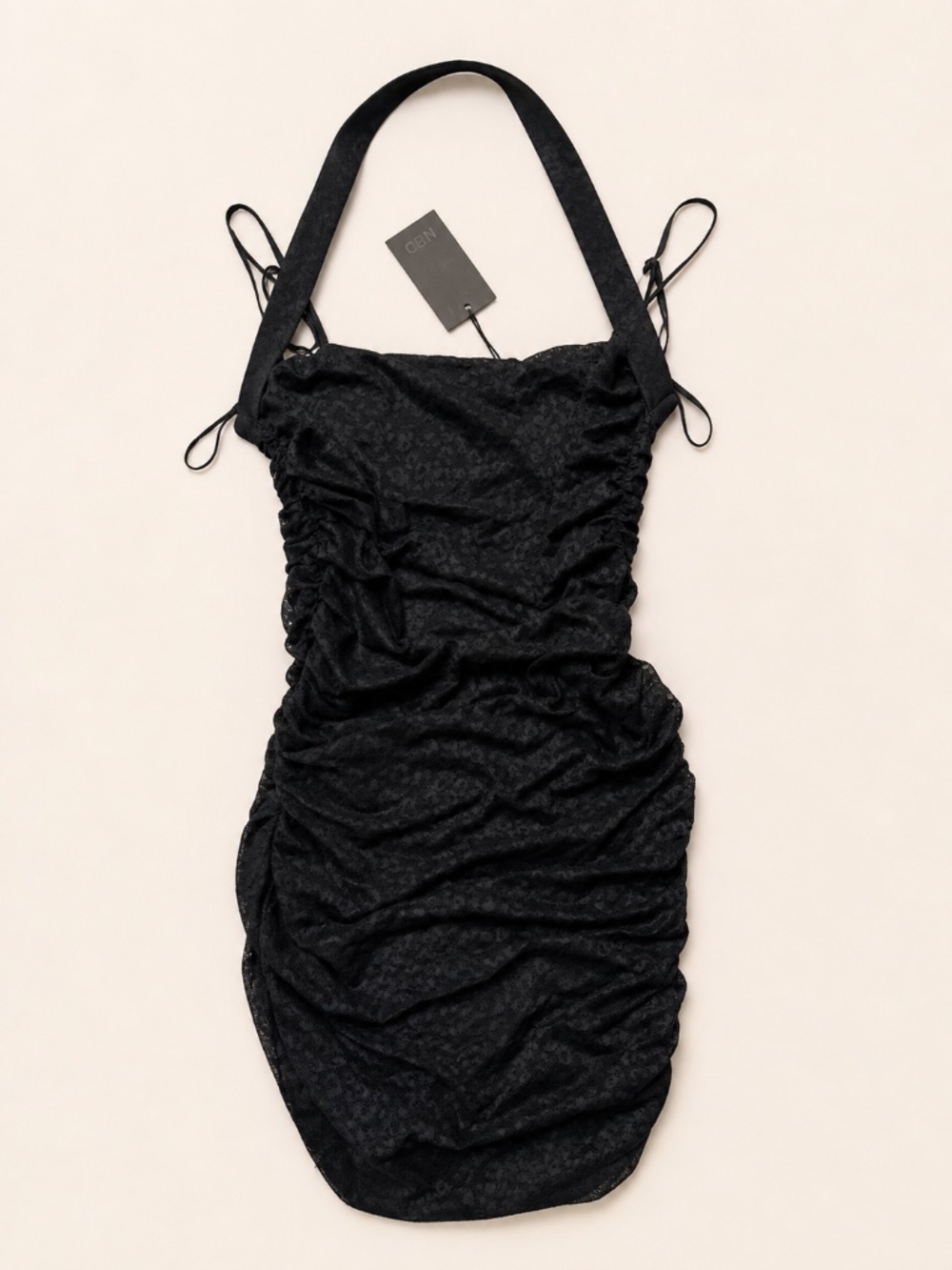 NBD Black Lace Ruched Halter Mini Dress – NWT